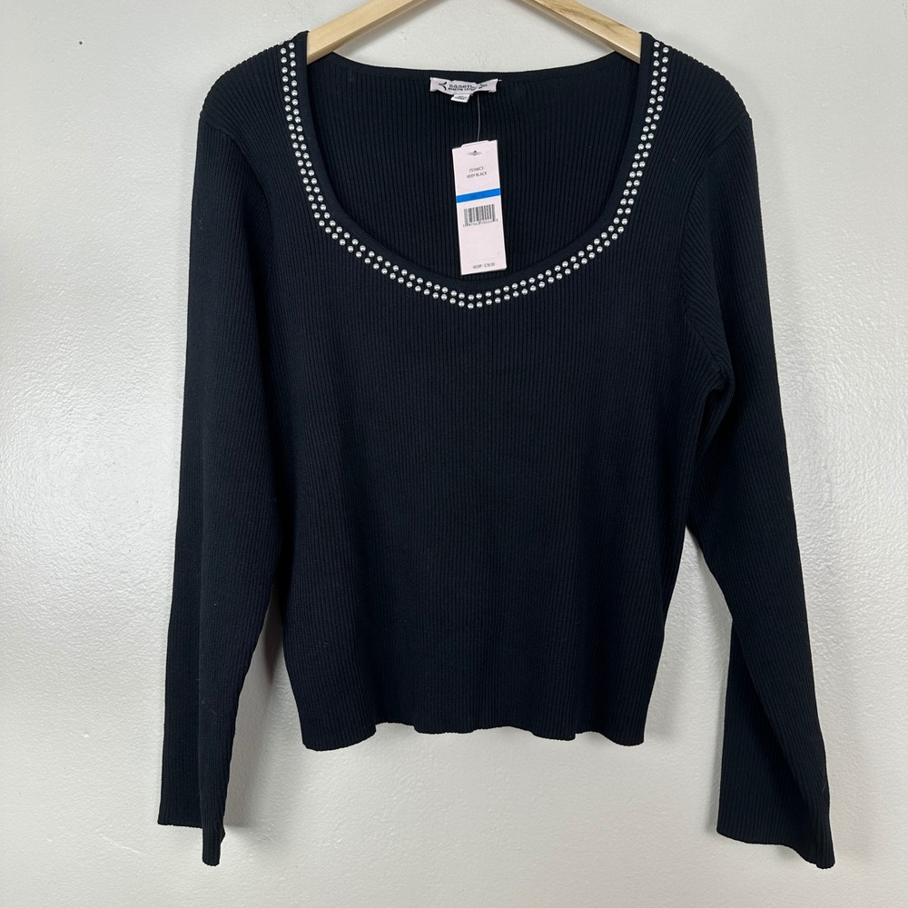 Nanette Lepore Women's XL Ribbed Sweater Black Rhinestone Scoop Neck 7S166C3